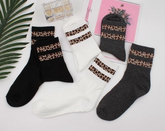 Calcetines de mujer, calcetines de algodón, calcetines casuales, calcetines vintage, calcetines con estampado de leopardo, calcetines personalizados, calcetines multicolor, calcetines de estilo japonés