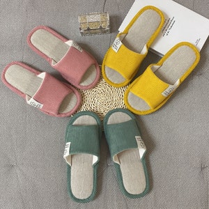 Women Linen Slippers,Handmade Linen Slippers,Home Linen Slippers,Summer Slippers,Indoor Slippers,Unisex Comfy Slippers,Smiley Linen Slippers image 2