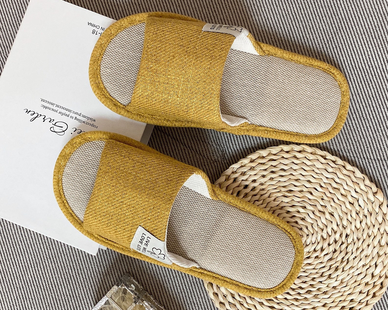 Women Linen Slippers,Handmade Linen Slippers,Home Linen Slippers,Summer Slippers,Indoor Slippers,Unisex Comfy Slippers,Smiley Linen Slippers - yellow, EU（37-38）US（6.5-7.5）