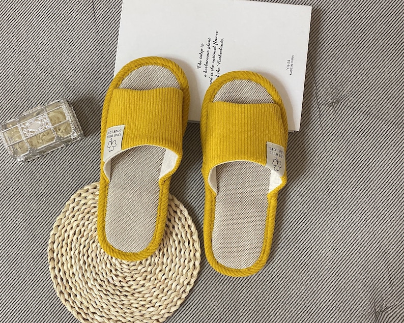 Women Linen Slippers,Handmade Linen Slippers,Home Linen Slippers,Summer Slippers,Indoor Slippers,Unisex Comfy Slippers,Smiley Linen Slippers yellow