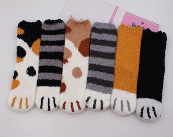 Kattensokken, warme sokken, vrouwenslaapsokken, warme wintersokken, schattige sokken, kattenpoot-donzige sokken, dierenpootpatroon, kerstcadeau-sokken