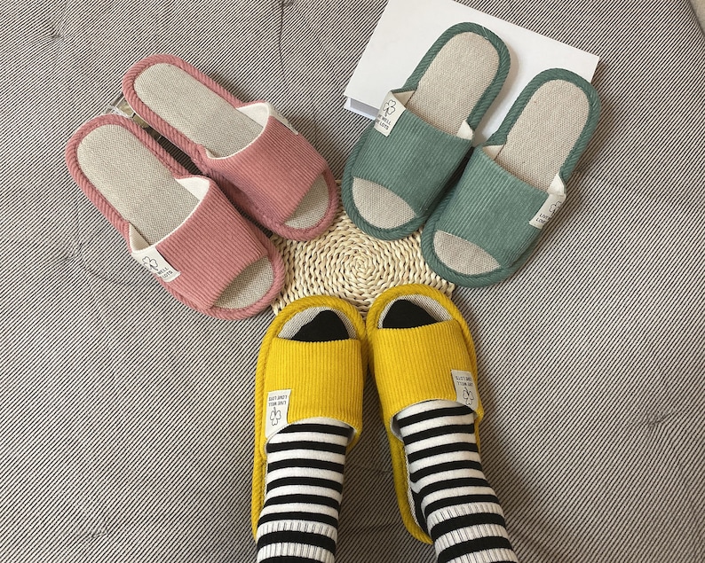 Women Linen Slippers,Handmade Linen Slippers,Home Linen Slippers,Summer Slippers,Indoor Slippers,Unisex Comfy Slippers,Smiley Linen Slippers image 1