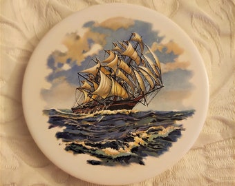 Vintage Ceramic Trivet, Sail Boat, H & R Johnson, Decorative Tile, Hot Plate, Wine Cheese Tile, Coaster