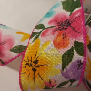 5 yds Wired Ribbon, Yellow, Pink, Blue, and Purple flowers, White  background and Pink edge