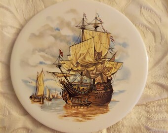 Vintage Ceramic Trivet, Sail Boat, H & R Johnson, Decorative Tile, Hot Plate, Wine Cheese Tile, Coaster