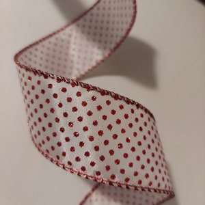 5 yds Wired Ribbon, Red Glitter Polka Dot pattern on a white background, with a red edge