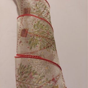 5 yds Wired Ribbon, 2.5 inches wide, Glitter Christmas Tree pattern, red edge
