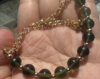Authentic 7mm Moldavite Bead Bracelet: Gold Plated & Filled