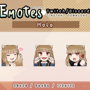 May include: Digital download of Twitch and Discord emotes featuring a cartoon character with cat ears. The emotes display various expressions, including smiling, showing teeth, and holding a flower. The text "Emotes" and "Holo" are visible.