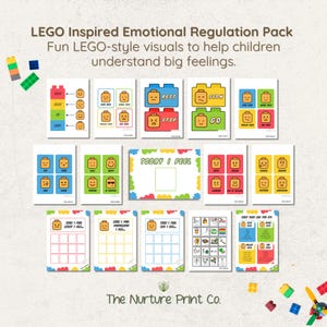 May include: A collection of printable educational materials with LEGO-style visuals designed to help children understand and manage their emotions. The pack includes cards with various facial expressions and phrases like "REST," "SLOW," and "GO." The text "LEGO Inspired Emotional Regulation Pack" is at the top.