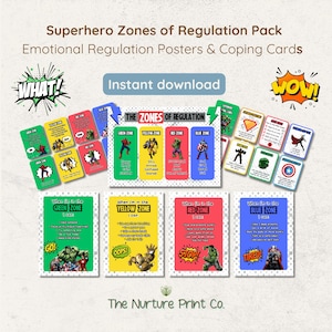 May include: A set of Superhero Zones of Regulation Pack, including emotional regulation posters and coping cards. The cards feature superhero illustrations and text, including "Green Zone," "Yellow Zone," "Red Zone," and "Blue Zone." The phrase "Instant download" is visible.