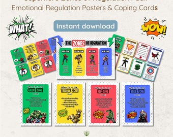Superhero Zones of Regulation Pack | Emotional Regulation Posters, Coping Cards (Digital Download)