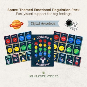 May include: A space-themed emotional regulation pack with cards and a poster. The cards and poster feature planets with different facial expressions representing emotions. The text "My Emotions" and "All feelings are ok" are visible.