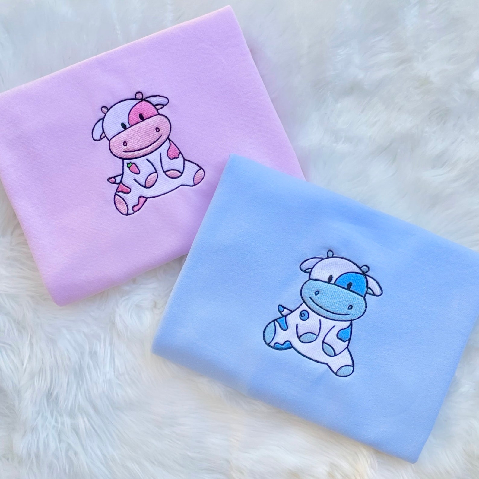 Baby Pink Blueberry Cow Embroidered Crew Etsy