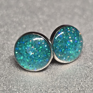 Teal Glitter Stud Earrings: Handmade Resin Stainless Steel (10mm)