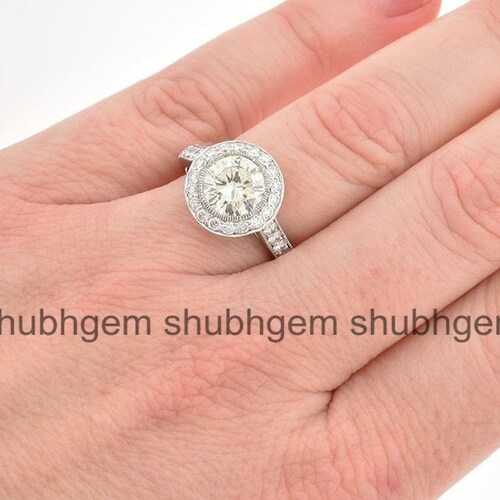 Vintage Halo Moissanite Ring, 2.5 Ct Colourless Moissanite Ring, 14K White Gold, Antique shops Art Deco Engagement Ring, Bridal Wedding Wear Ring