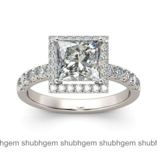 14K White Gold Ring For Women, 2.2 Ct Princess Cut Diamond Ring, Square Halo Engagement Ring, Wedding shops Bridal Ring, Halo Ring, Birthday Gift