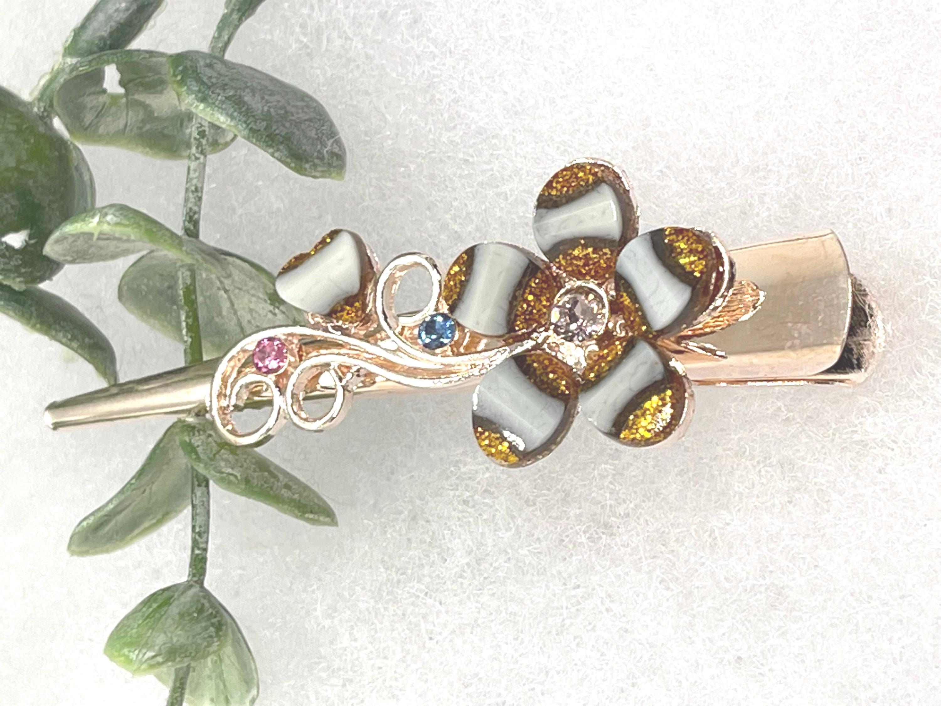 Pink Crystal Flower Hair Clip: Gold Tone Enamel Alligator 