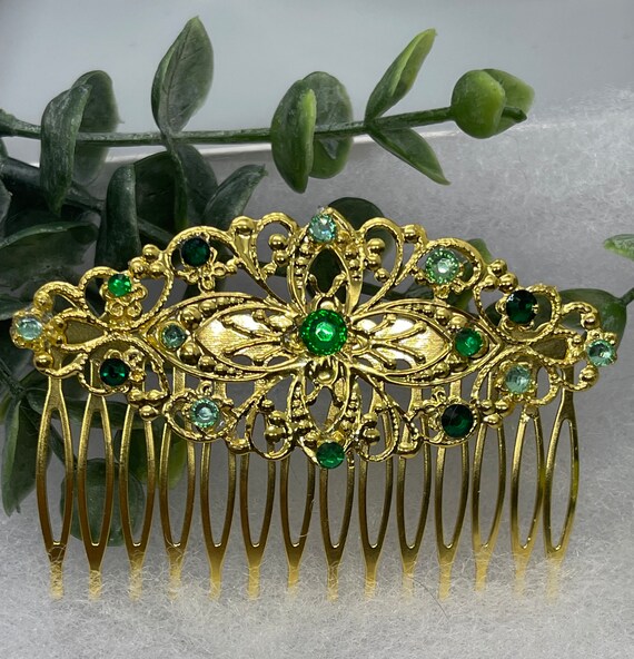 Vintage Style Green Crystal Hair Comb: Gold Tone Bridal 