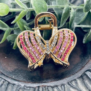 Pink butterfly Clear crystal  Rhinestone 2.0” hair claw clip gold tone formal everyday hair accessories  Gift prom sweet 16