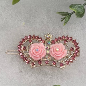 Corona de flor rosa Crystal Rhinestone clip de pelo aproximadamente 2.5&quot;Metal tono dorado accesorios formales para el cabello regalo boda dama de honor princesa