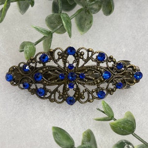 Blue sapphire crystal barrette Vintage Style  3.5”antique tone Metal bridal wedding shower birthday princess prom gift accessories