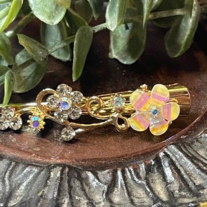 Iridescent Crystal Rhinestone flowers alligator salon clip approximately 2.5”  gold tone hair accessory gift wedding bridal prom birthday