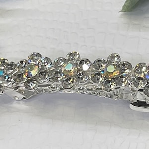Vintage Style Iridescent Crystal Rhinestone Barrette: Silver Floral Hair Clip
