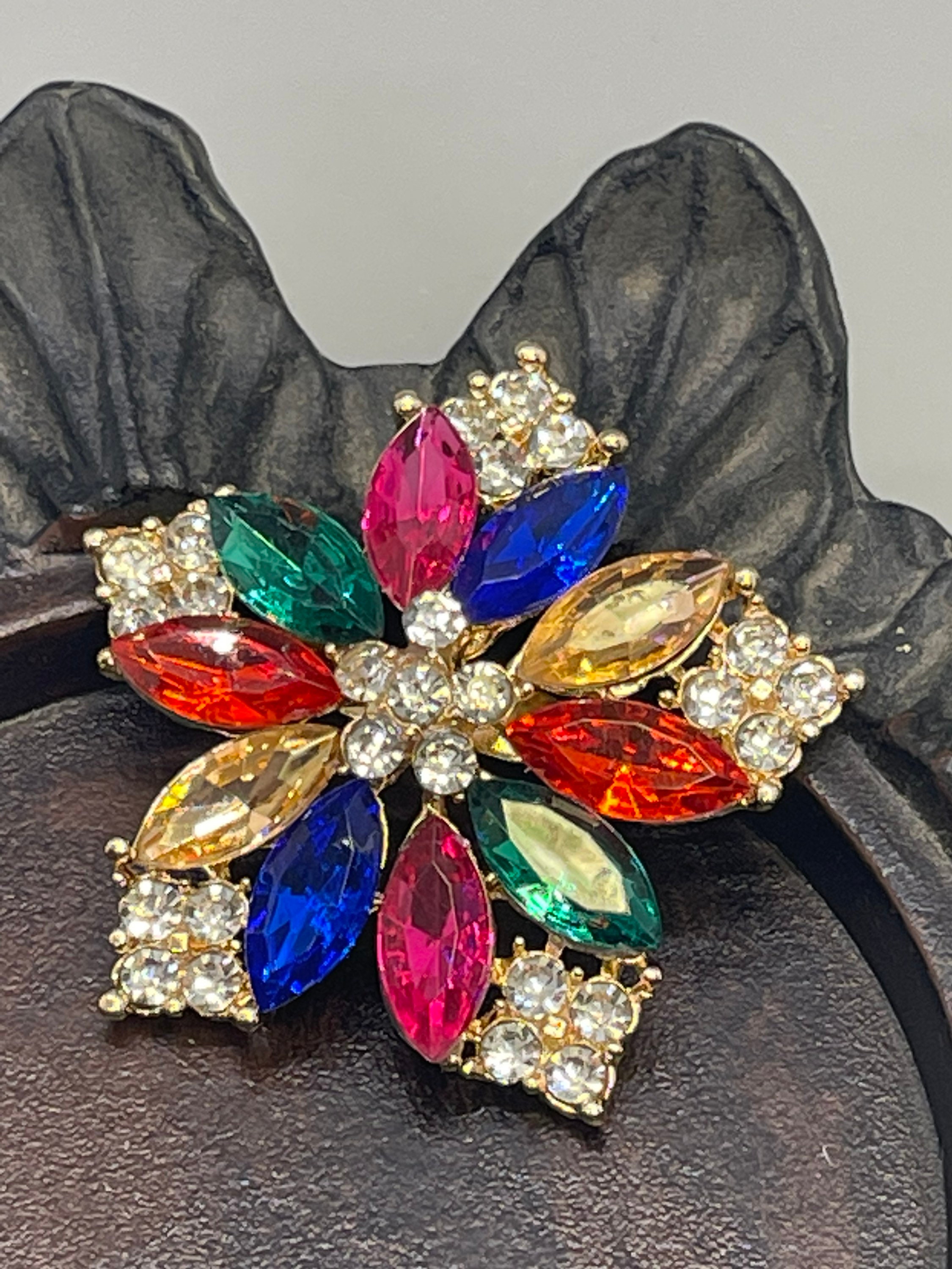 Rainbow Crystal Flower Brooch: Gold Tone Rhinestone Scarf 