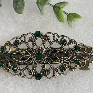 Emerald green crystal barrette Vintage Style  3.5”antique tone Metal bridal wedding shower birthday princess prom gift accessories #1432