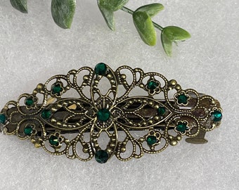 Emerald green crystal barrette Vintage Style  3.5”antique tone Metal bridal wedding shower birthday princess prom gift accessories #1432