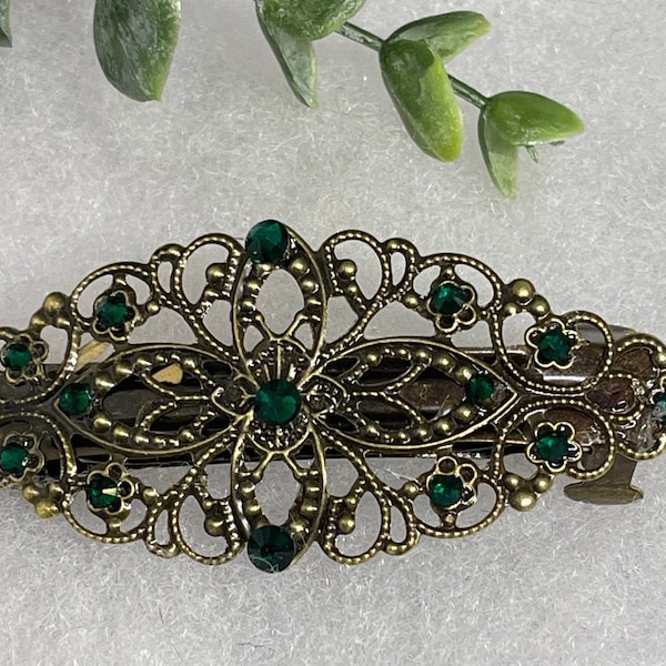 Emerald green crystal barrette Vintage Style  3.5”antique tone Metal bridal wedding shower birthday princess prom gift accessories #1432