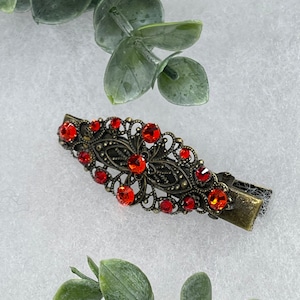 Red crystal vintage antique style leaf hair alligator clip  on a 2.5” Handmade hair accessory bridal wedding Retro Bridal Party Prom
