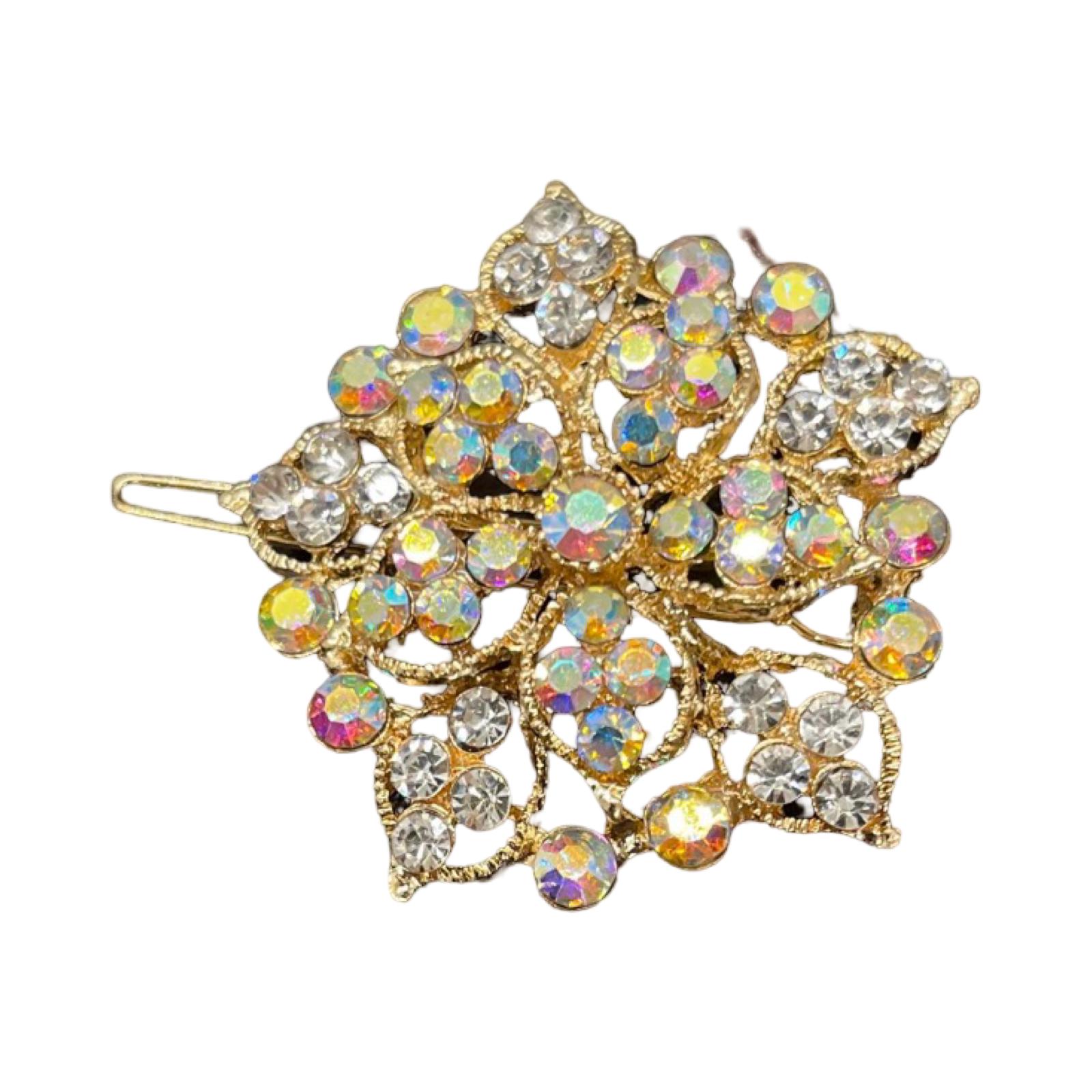 Iridescent Rhinestone Hair Clip: Gold Tone Bridal Accessory 