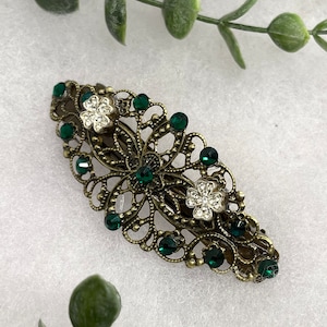 Crystal Clover Emerald crystal barrette approximately 3.5” long wedding birthday princess bridesmaid hair  bridesmaid accessories