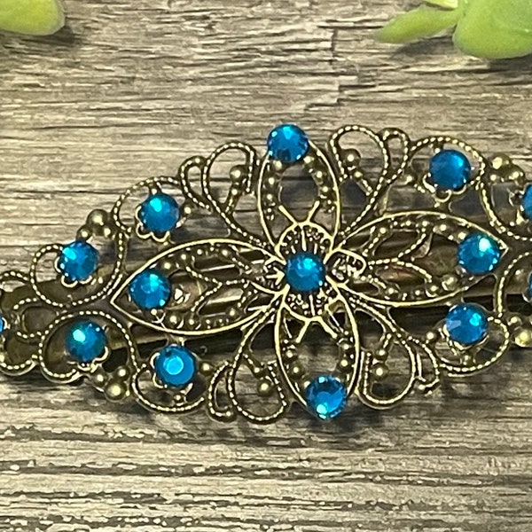 Sapphire Crystal antique style hair barrette clip approximately 3.5” long  Handmade hair accessory bridal wedding