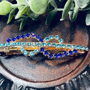 Teal & Blue Crystal Rhinestone Barrette: Gold Tone Hair Accessory