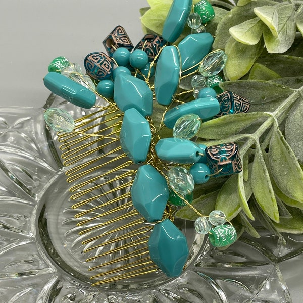 Turquoise faux stone hair vines comb Accessories gold 3.5” Metal comb handmade free shipping