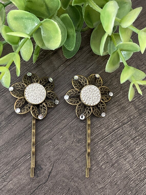 Antique Bronze Rhinestone Flower Hair Pins: Victorian Style 