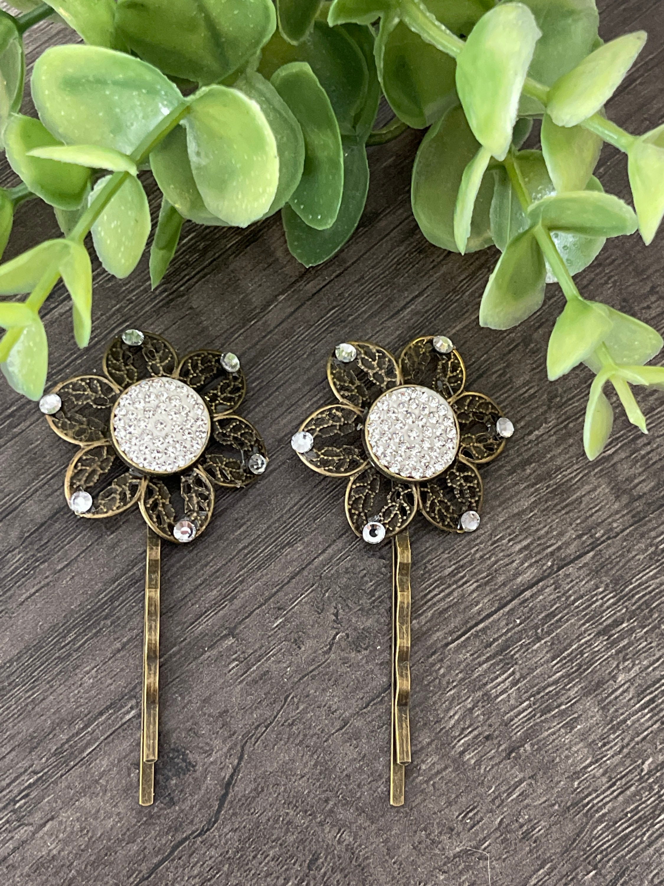 Antique Bronze Rhinestone Flower Hair Pins: Victorian Style 
