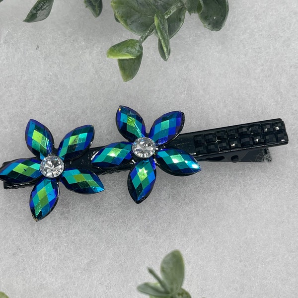 Teal iridescent Crystal  flower hair clip approximately 4.0” black tone  formal hair accessory gift wedding bridal engagement