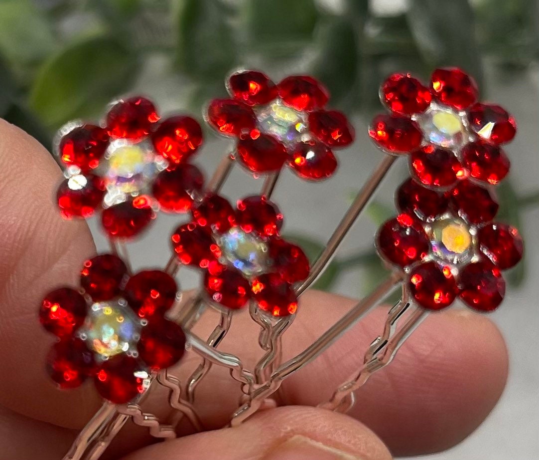 Red Rhinestone Flower Hair Pins - Silver Tone, Bridal Hair 