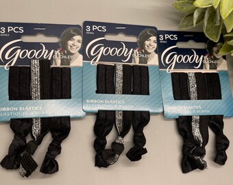 Goody ouchless hair Ribbon tie black silver 9 pc lot 3 pc each pack