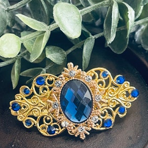 Blue sapphire Crystal gold tone style hair barrette clip approximately 2.5” long  Handmade hair accessory bridal wedding prom valentines