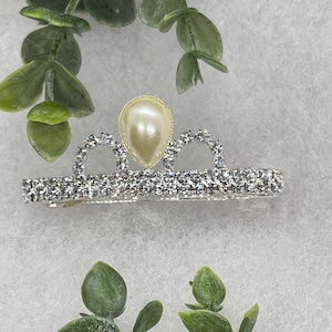Teardrop Pearl Crystal Crown Hair Barrette: Silver Tone Princess Accessory