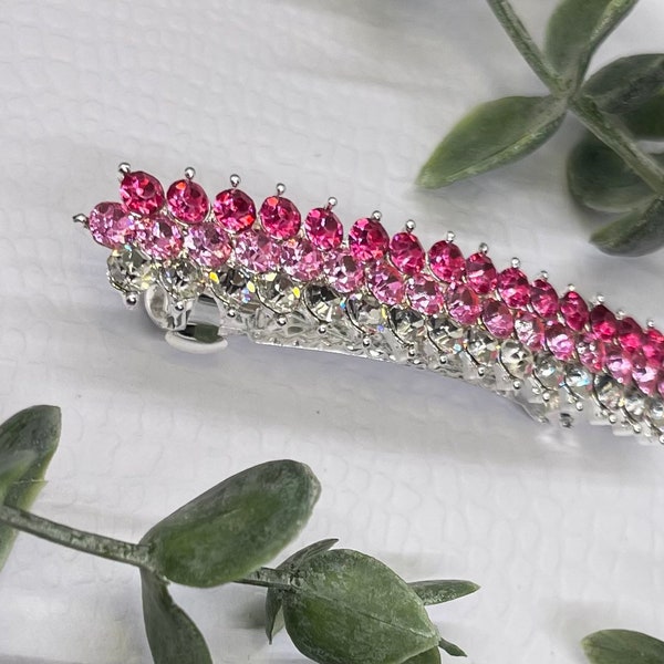 Pink Crystal rhinestone barrette approximately 3.0” silver tone formal hair accessories gift wedding bridesmaid princess accessory Jewelry