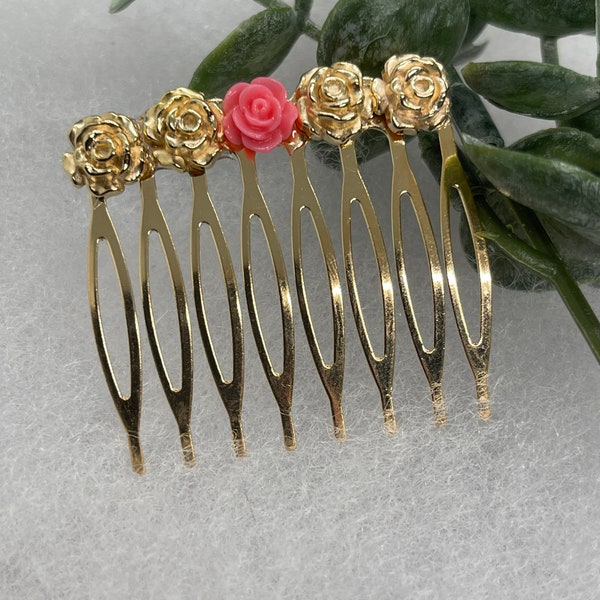 Hot pink Gold flowers 2.0” gold tone hair comb hand Embellished by hairdazzzel other colors are available please look in store section