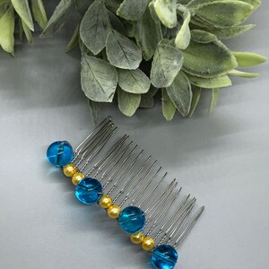 Blue gold Beaded Hair Comb on 3.5” Silver Metal Hair Comb  Handmade Retro Bridal Party Prom Birthday 1 pc