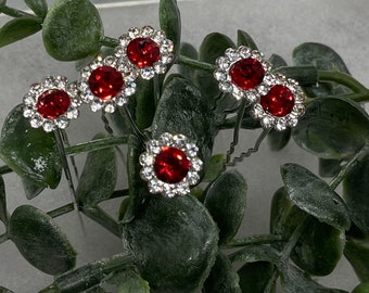 6 pc set Red flower Crystal rhinestone hair pin approximately .50”Long silver tone  formal hair accessories gift wedding bridesmaid princess