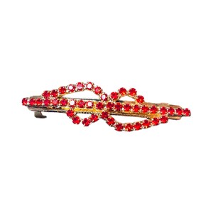 Red Crystal Rhinestone Barrette: Gold Tone Formal Hair Accessory